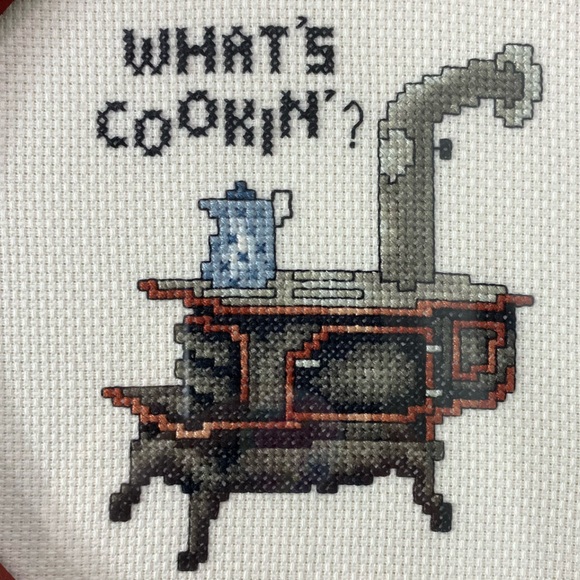 Vintage Handmade “What’s Cooking” Cross Stitch Wall Art W Round Red Brown Frame - Picture 3 of 10